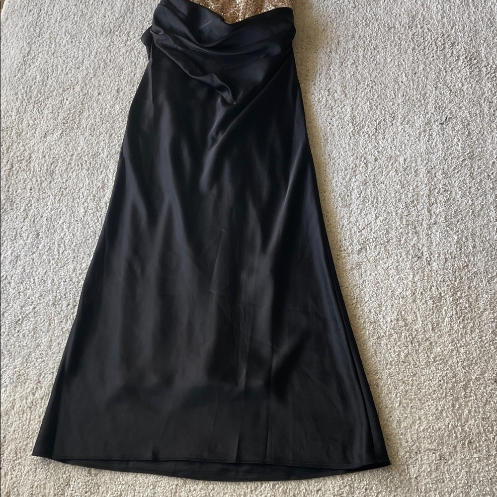 Betsy & Adam Gold Sequin Black Strapless Corset Gathered Draped Maxi Dress - Picture 9 of 13